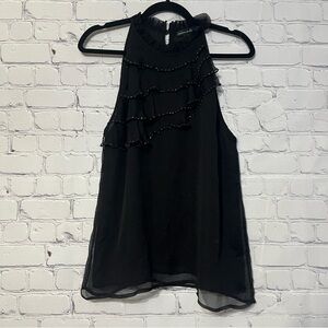 Mariana Luna Silk Black Beaded Ruffled Sleeveless Top Large High Neck Semi Sheer